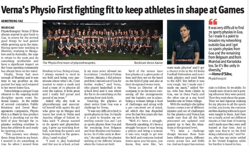 National Games newspaper article on Dr. Verna D'Silva and PhysioFirst